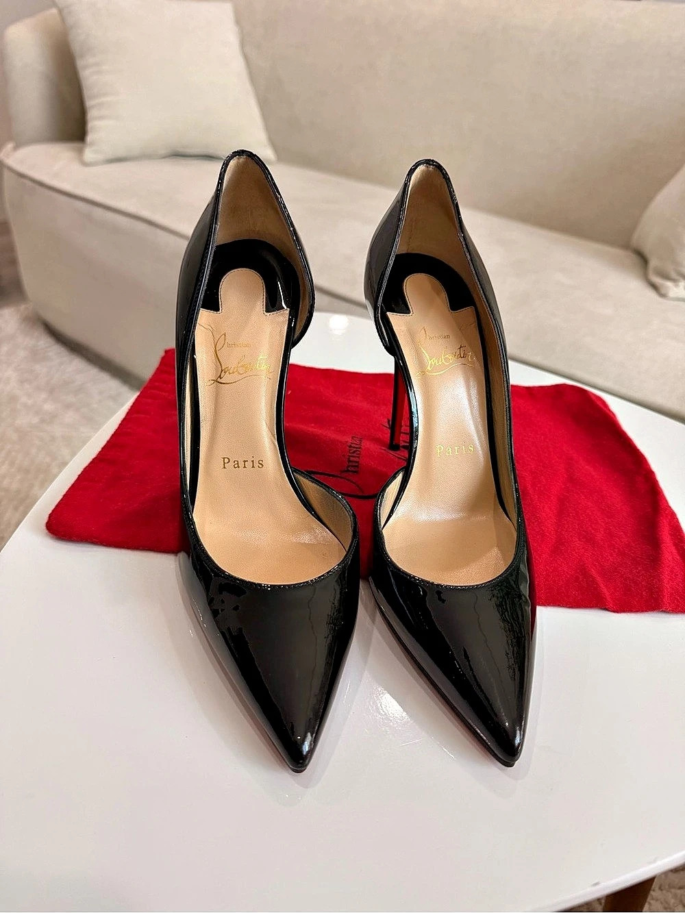 AUTHENTIC* Christian Louboutin Iriza 100 Black Patent Leather Pumps EU 38